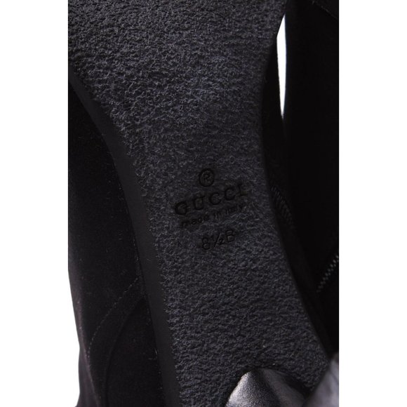 GUCCI Black Leather Suede Knee-High Buckle Point Toe Boots w/ Heel - US 8.5B